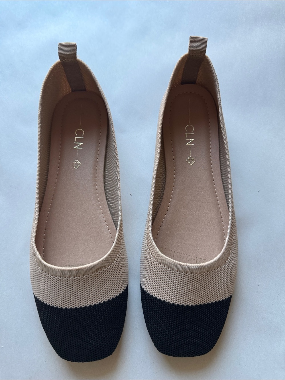 CLN Ballet Flats Womens 7.5 Light Black/Tan square Toe Preppy Office Career work